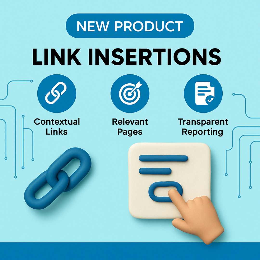 The image features a light blue background with digital circuit lines and includes icons labeled “Contextual Links,” “Relevant Pages,” and “Transparent Reporting.” Visual elements include a blue chain link and a hand tapping a stylized document interface.