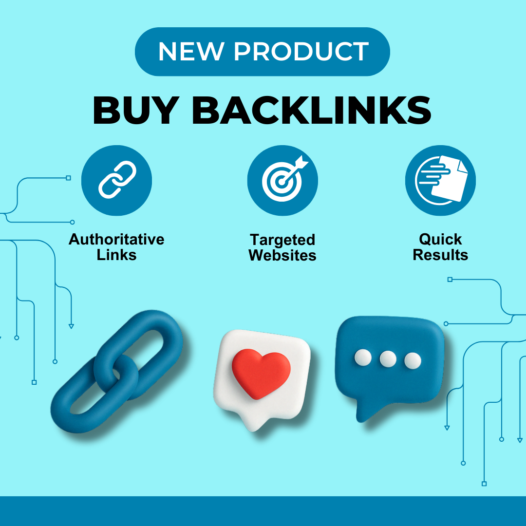 Buy Backlinks promotional graphic by SEOStore featuring bold text, icons for authoritative links, targeted placements, and fast results. Includes layered 3D visuals of chain links and digital network elements on a blue-teal gradient background, representing SEO growth through high-quality backlinks.